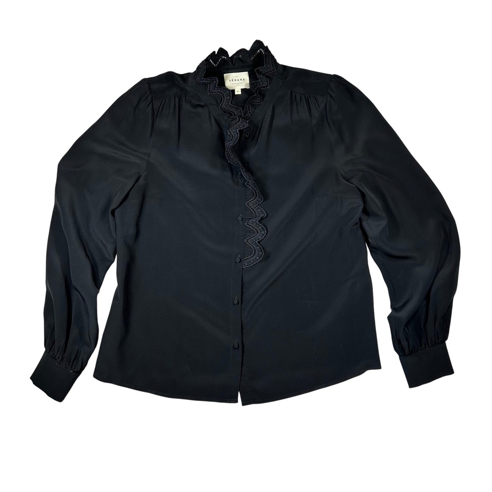 Sezane Black 100% Silk Lace Trim High Neck Blouse Top Size 40 US 8